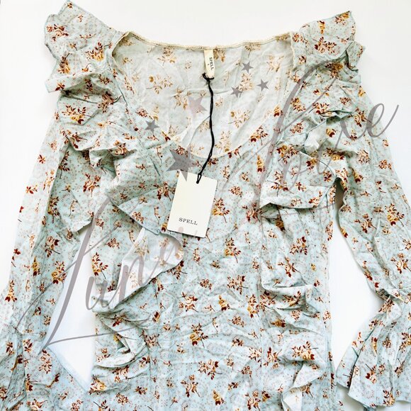 SPELL Fleur Frill Bias Maxi In Teapot Blue NWT - Picture 5 of 12